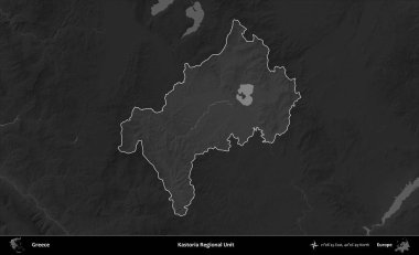 Kastoria Bölgesel Birimi. Yunanistan 'ın idari alanı kararmış bir gri tonlama yükseklik haritasına vurgulandı ve ana hatları çizildi