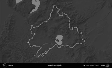 Kastoria Belediyesi. Yunanistan 'ın idari bölgesi gri ölçekli bir yükselme haritasında özetlendi