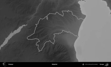Katerini. Yunanistan 'ın idari bölgesi gri ölçekli bir yükselme haritasında özetlendi