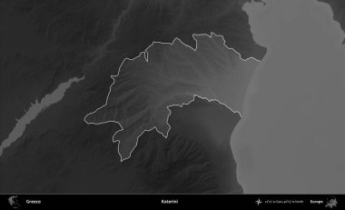 Katerini. Yunanistan 'ın idari alanı kararmış bir gri tonlama yükseklik haritasına vurgulandı ve ana hatları çizildi
