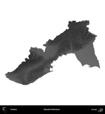 Kavala Bölgesi. Yunanistan 'ın idari bölgesi gri ölçekli yükseklik haritasında beyaza izole edildi
