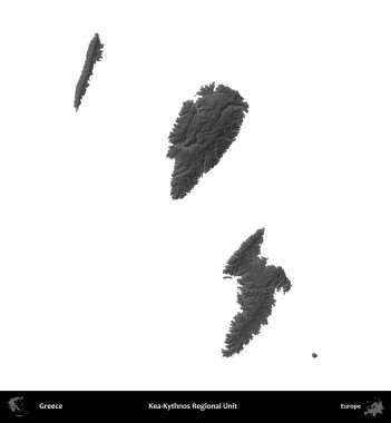 Kea-Kythnos Bölgesel Birimi. Yunanistan 'ın idari bölgesi gri ölçekli yükseklik haritasında beyaza izole edildi