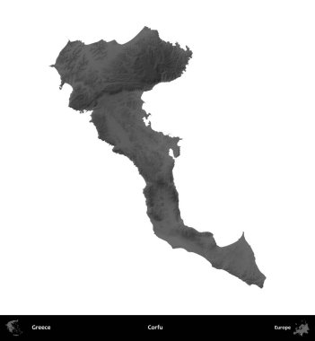 Korfu. Yunanistan 'ın idari bölgesi gri ölçekli yükseklik haritasında beyaza izole edildi