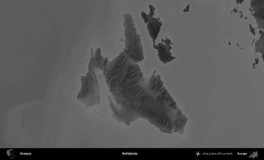 Kefalonya. Yunanistan 'ın idari alanı kararmış bir gri tonlama yükseklik haritasına vurgulandı ve ana hatları çizildi