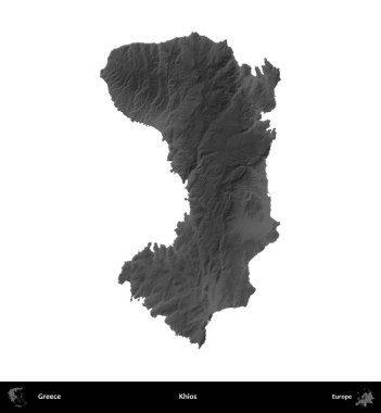 Khios. Yunanistan 'ın idari bölgesi gri ölçekli yükseklik haritasında beyaza izole edildi