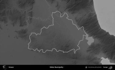 Kileler Belediyesi. Yunanistan 'ın idari bölgesi gri ölçekli bir yükselme haritasında özetlendi