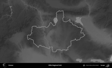 Kilkis Bölgesel Birimi. Yunanistan 'ın idari bölgesi gri ölçekli bir yükselme haritasında özetlendi
