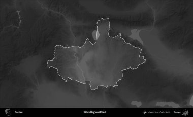 Kilkis Bölgesel Birimi. Yunanistan 'ın idari alanı kararmış bir gri tonlama yükseklik haritasına vurgulandı ve ana hatları çizildi