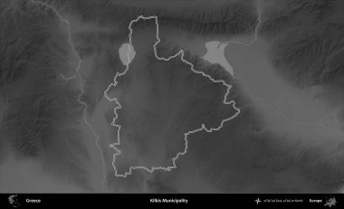 Kilkis Belediyesi. Yunanistan 'ın idari bölgesi gri ölçekli bir yükselme haritasında özetlendi