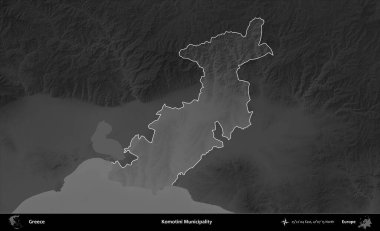Komotini Belediyesi. Yunanistan 'ın idari alanı kararmış bir gri tonlama yükseklik haritasına vurgulandı ve ana hatları çizildi