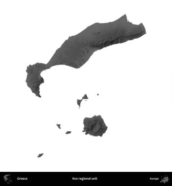 Kos bölgesel birimi. Yunanistan 'ın idari bölgesi gri ölçekli yükseklik haritasında beyaza izole edildi