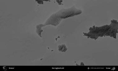 Kos bölgesel birimi. Yunanistan 'ın idari alanı kararmış bir gri tonlama yükseklik haritasına vurgulandı ve ana hatları çizildi