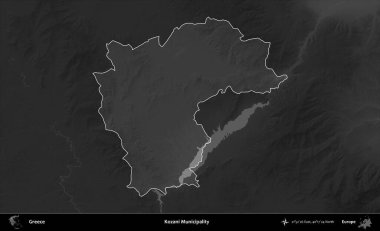 Kozani Belediyesi. Yunanistan 'ın idari alanı kararmış bir gri tonlama yükseklik haritasına vurgulandı ve ana hatları çizildi