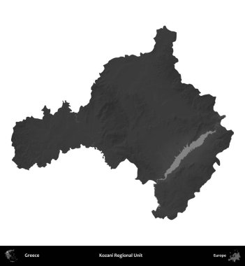 Kozani Bölgesel Birimi. Yunanistan 'ın idari bölgesi gri ölçekli yükseklik haritasında beyaza izole edildi