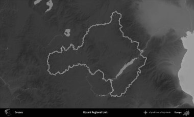 Kozani Bölgesel Birimi. Yunanistan 'ın idari bölgesi gri ölçekli bir yükselme haritasında özetlendi