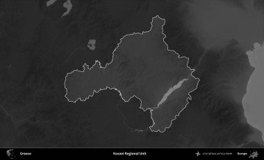 Kozani Bölgesel Birimi. Yunanistan 'ın idari alanı kararmış bir gri tonlama yükseklik haritasına vurgulandı ve ana hatları çizildi