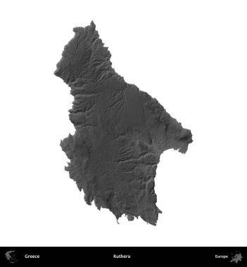 Kuthera. Yunanistan 'ın idari bölgesi gri ölçekli yükseklik haritasında beyaza izole edildi