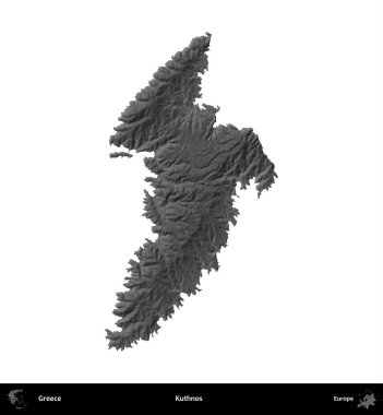 Kuthnos. Yunanistan 'ın idari bölgesi gri ölçekli yükseklik haritasında beyaza izole edildi