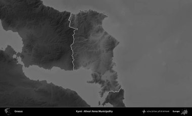Kymi - Aliveri Anna Belediyesi. Yunanistan 'ın idari alanı kararmış bir gri tonlama yükseklik haritasına vurgulandı ve ana hatları çizildi
