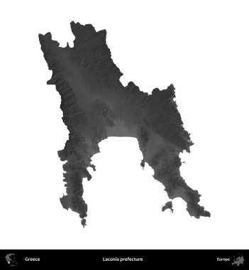 Laconia Bölgesi. Yunanistan 'ın idari bölgesi gri ölçekli yükseklik haritasında beyaza izole edildi