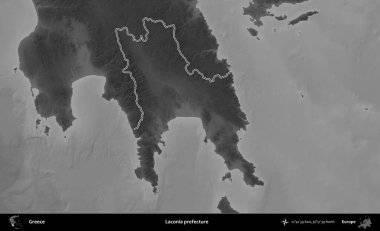 Laconia Bölgesi. Yunanistan 'ın idari bölgesi gri ölçekli bir yükselme haritasında özetlendi