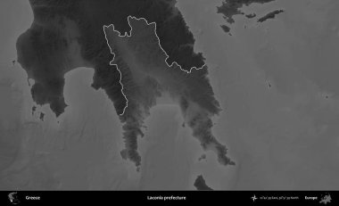 Laconia Bölgesi. Yunanistan 'ın idari alanı kararmış bir gri tonlama yükseklik haritasına vurgulandı ve ana hatları çizildi
