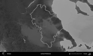 Larissa Bölgesi. Yunanistan 'ın idari bölgesi gri ölçekli bir yükselme haritasında özetlendi