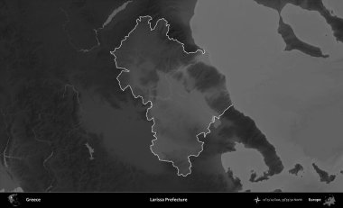 Larissa Bölgesi. Yunanistan 'ın idari alanı kararmış bir gri tonlama yükseklik haritasına vurgulandı ve ana hatları çizildi