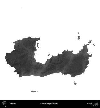 Lasithi Bölgesel Birimi. Yunanistan 'ın idari bölgesi gri ölçekli yükseklik haritasında beyaza izole edildi