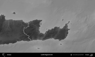 Lasithi Bölgesel Birimi. Yunanistan 'ın idari bölgesi gri ölçekli bir yükselme haritasında özetlendi