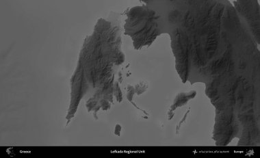 Lefkada Bölgesel Birimi. Yunanistan 'ın idari alanı kararmış bir gri tonlama yükseklik haritasına vurgulandı ve ana hatları çizildi
