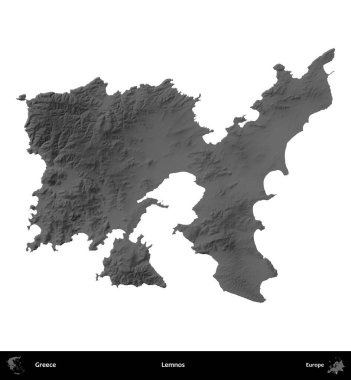 Lemnos. Yunanistan 'ın idari bölgesi gri ölçekli yükseklik haritasında beyaza izole edildi