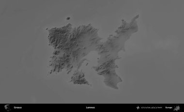Lemnos. Yunanistan 'ın idari alanı kararmış bir gri tonlama yükseklik haritasına vurgulandı ve ana hatları çizildi