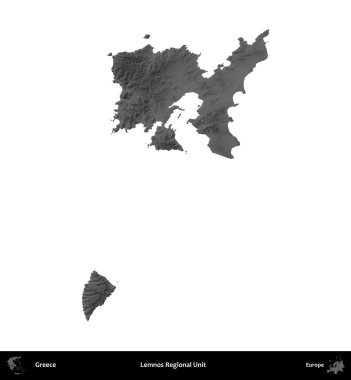 Lemnos Bölgesel Birimi. Yunanistan 'ın idari bölgesi gri ölçekli yükseklik haritasında beyaza izole edildi