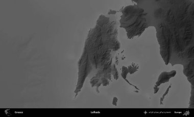 Lefkada. Yunanistan 'ın idari alanı kararmış bir gri tonlama yükseklik haritasına vurgulandı ve ana hatları çizildi