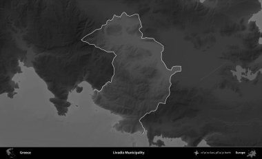 Livadia Belediyesi. Yunanistan 'ın idari alanı kararmış bir gri tonlama yükseklik haritasına vurgulandı ve ana hatları çizildi
