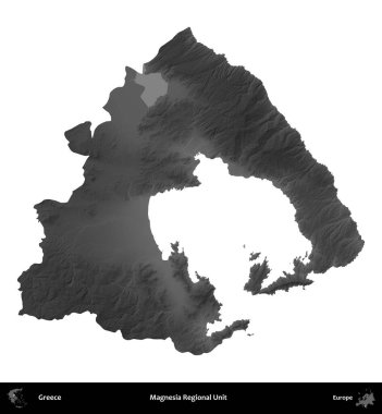 Magnezya Bölgesel Birimi. Yunanistan 'ın idari bölgesi gri ölçekli yükseklik haritasında beyaza izole edildi