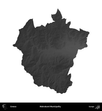 Makrakomi Belediyesi. Yunanistan 'ın idari bölgesi gri ölçekli yükseklik haritasında beyaza izole edildi