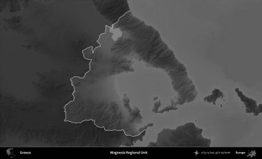 Magnezya Bölgesel Birimi. Yunanistan 'ın idari alanı kararmış bir gri tonlama yükseklik haritasına vurgulandı ve ana hatları çizildi