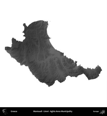Mantoudi - Limni - Aghia Anna Belediyesi. Yunanistan 'ın idari bölgesi gri ölçekli yükseklik haritasında beyaza izole edildi