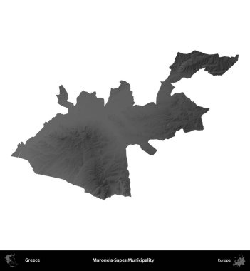 Maroneia-Sapes Belediyesi. Yunanistan 'ın idari bölgesi gri ölçekli yükseklik haritasında beyaza izole edildi