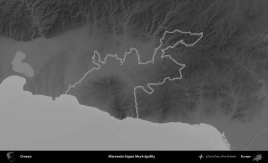Maroneia-Sapes Belediyesi. Yunanistan 'ın idari bölgesi gri ölçekli bir yükselme haritasında özetlendi