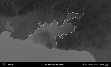 Maroneia-Sapes Belediyesi. Yunanistan 'ın idari alanı kararmış bir gri tonlama yükseklik haritasına vurgulandı ve ana hatları çizildi