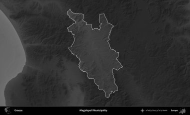 Megalopoli Belediyesi. Yunanistan 'ın idari alanı kararmış bir gri tonlama yükseklik haritasına vurgulandı ve ana hatları çizildi