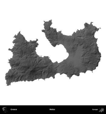 Melodiler. Yunanistan 'ın idari bölgesi gri ölçekli yükseklik haritasında beyaza izole edildi