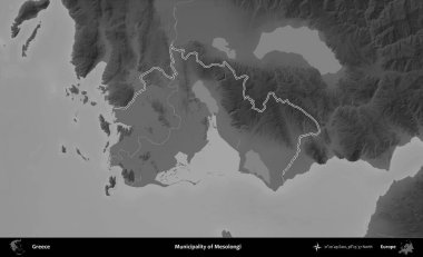Mesolongi Belediyesi. Yunanistan 'ın idari bölgesi gri ölçekli bir yükselme haritasında özetlendi
