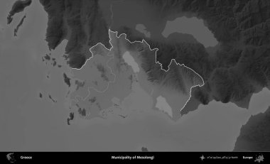 Mesolongi Belediyesi. Yunanistan 'ın idari alanı kararmış bir gri tonlama yükseklik haritasına vurgulandı ve ana hatları çizildi
