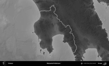 Messenia Bölgesi. Yunanistan 'ın idari bölgesi gri ölçekli bir yükselme haritasında özetlendi