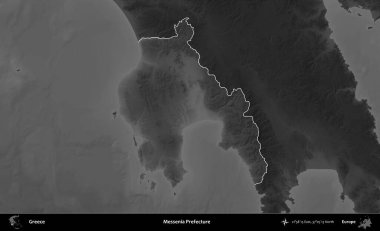 Messenia Bölgesi. Yunanistan 'ın idari alanı kararmış bir gri tonlama yükseklik haritasına vurgulandı ve ana hatları çizildi