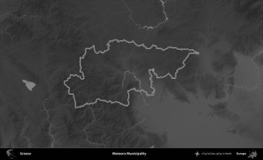 Meteora Belediyesi. Yunanistan 'ın idari bölgesi gri ölçekli bir yükselme haritasında özetlendi
